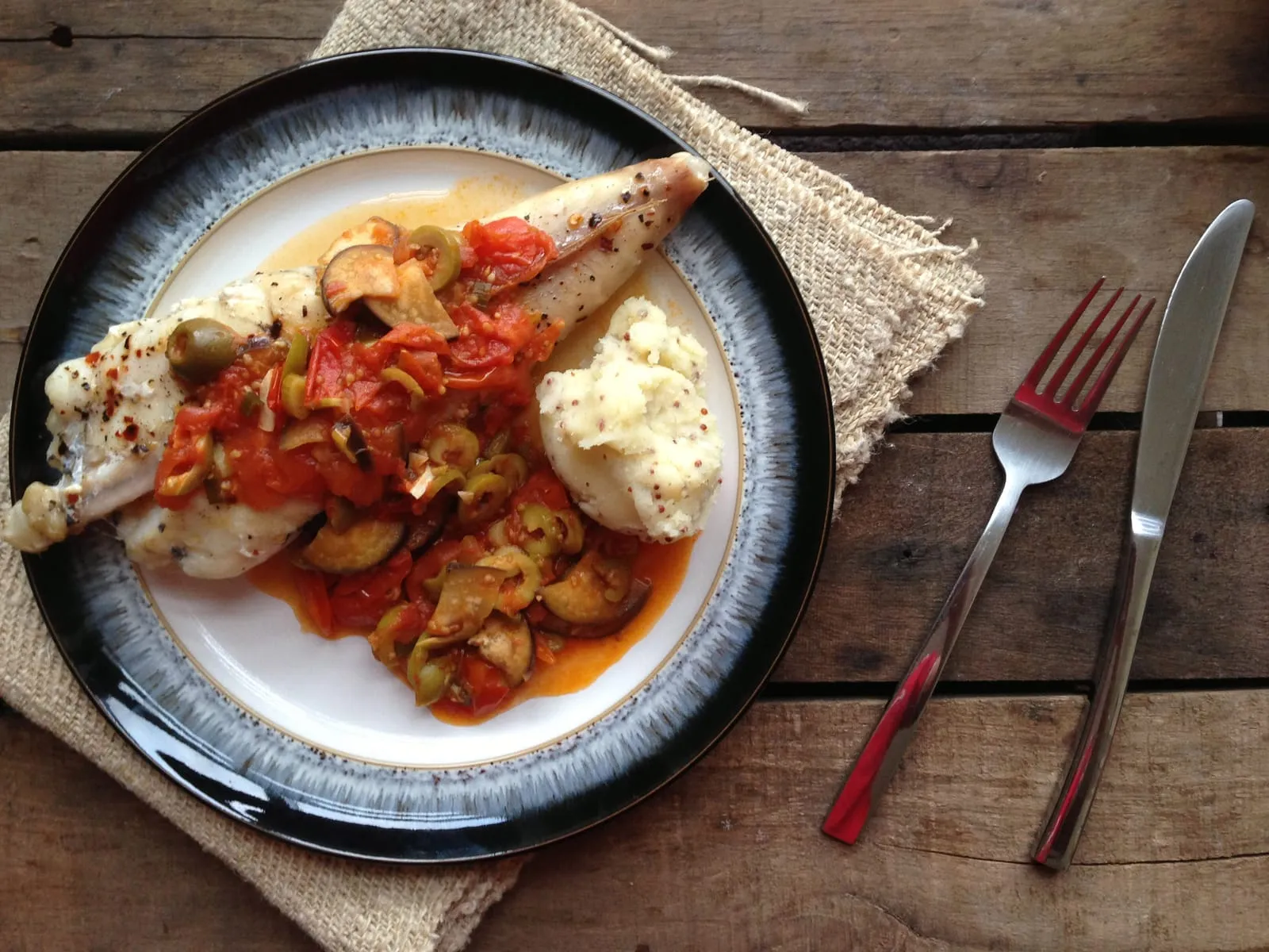 Grilled Monkfish Tail in a Tomato &amp; Aubergine Sauce with Mustard Mash Potato