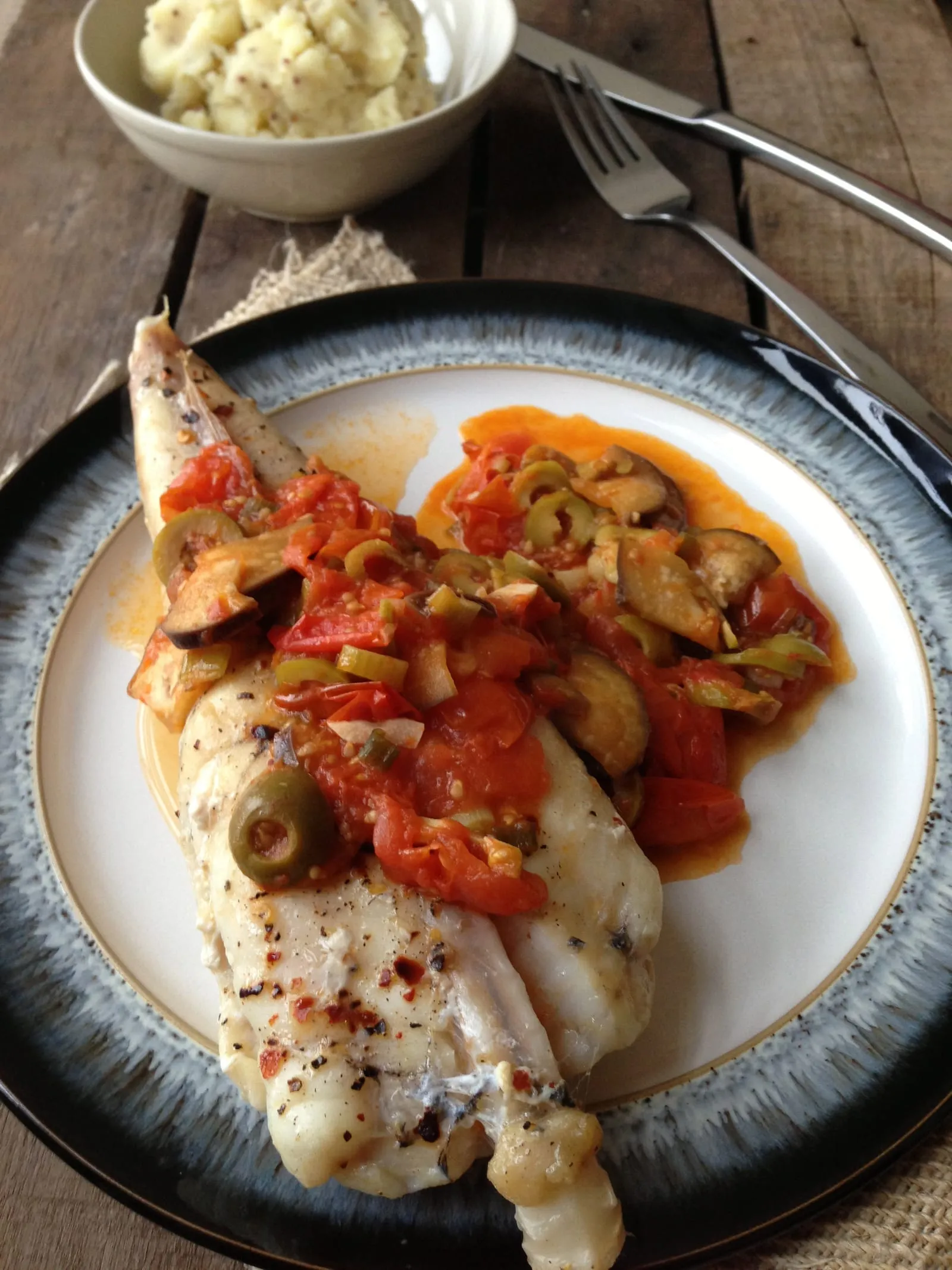 Grilled Monkfish Tail in a Tomato &amp; Aubergine Sauce with Mustard Mash Potato