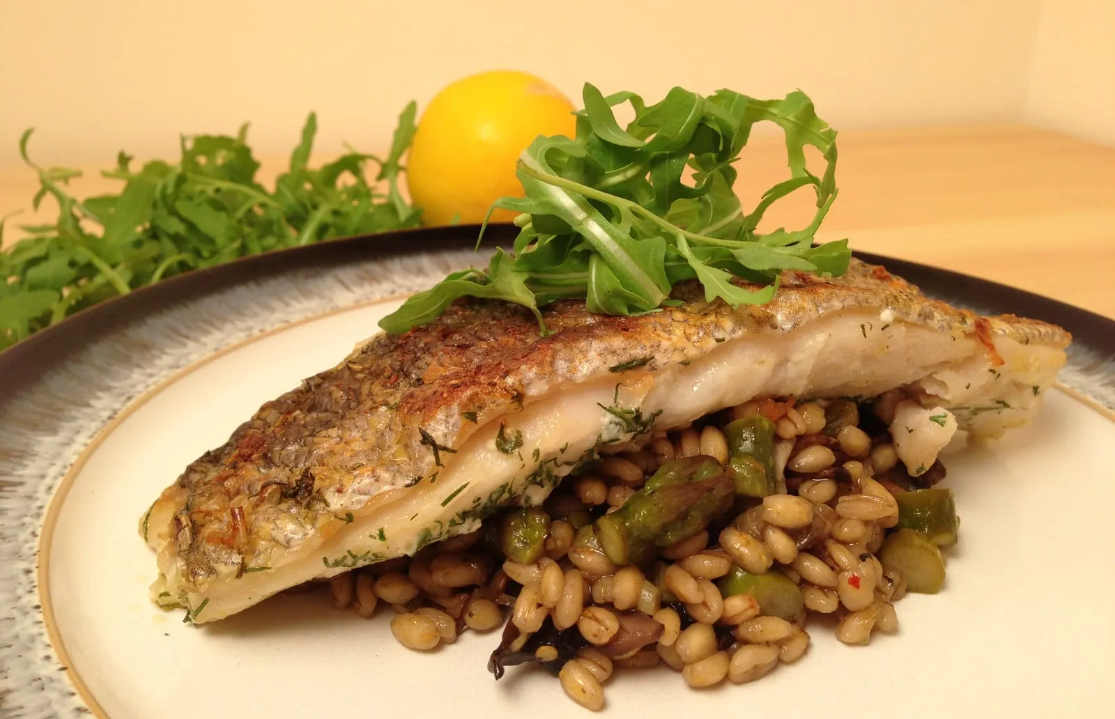 Grilled Hake with Pearl Barley Risotto